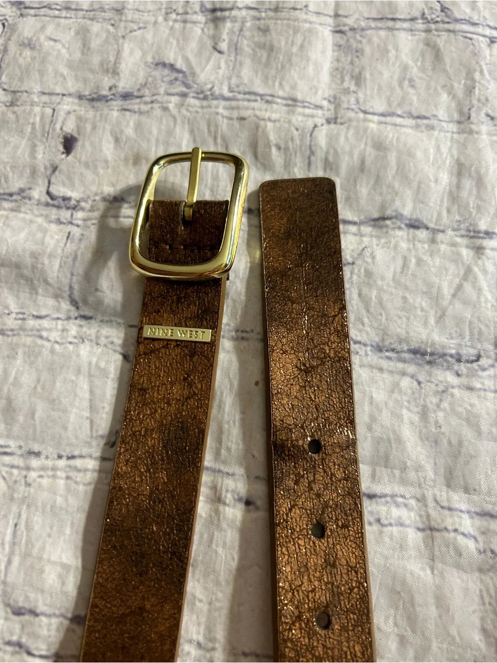NINE WEST METALLIC COPPER BRONZE VEGAN & VTG BROWN WITH NATURAL WOVEN BELTS